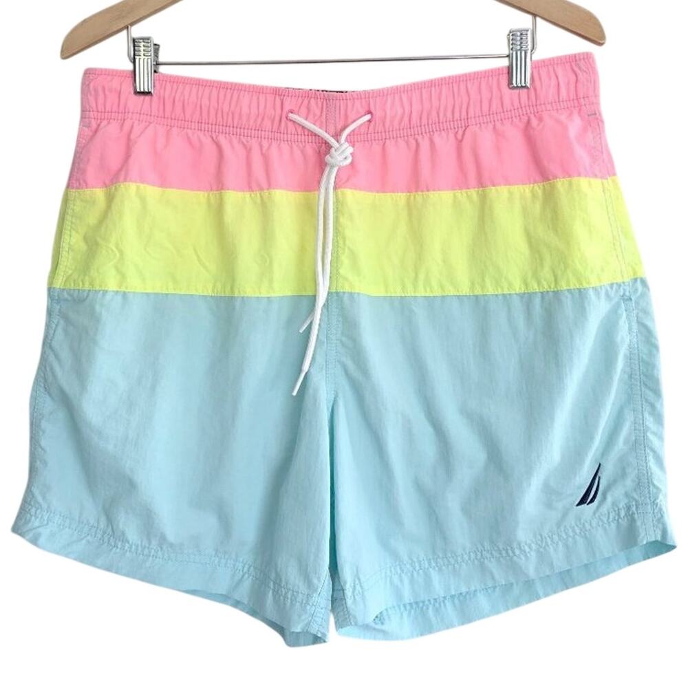 Nautica Mens Large Pastel Colorblock Swim Trunks Shorts Pink Yellow Blue Resort